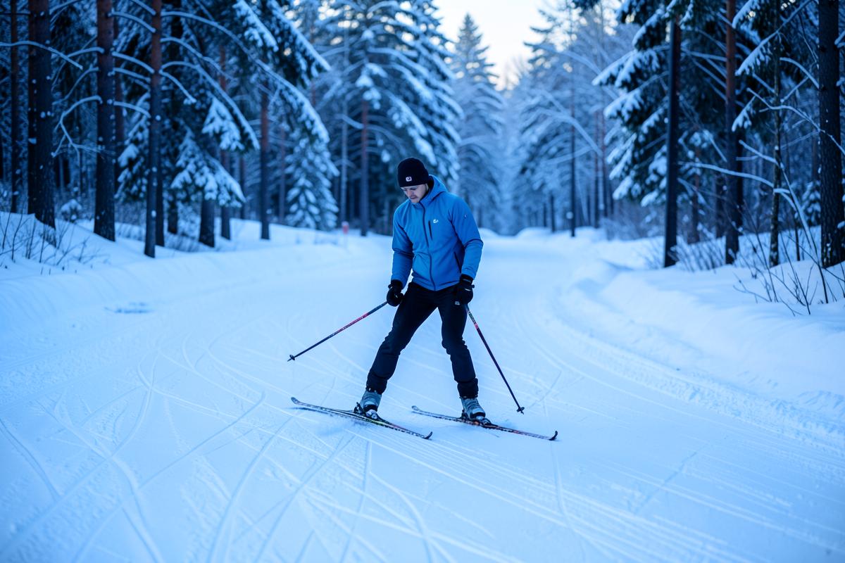 Längdskidåkning i spår i snöig norrbottnisk skog